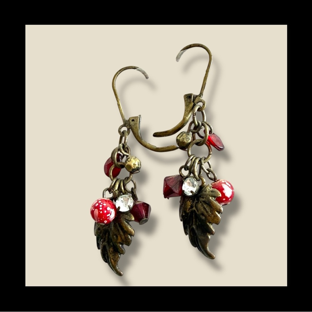 Antique Brass Leaf Drop Earrings with Red Beads